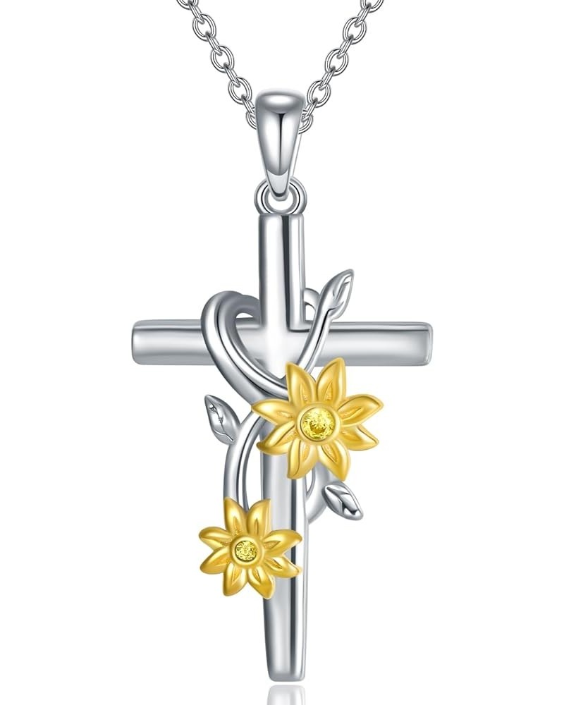 Faith Cross Necklace Sterling Silver Sunflower Cross Pendant Necklace Christian Cross Jewelry Gifts for Women Girls Cross Nec...