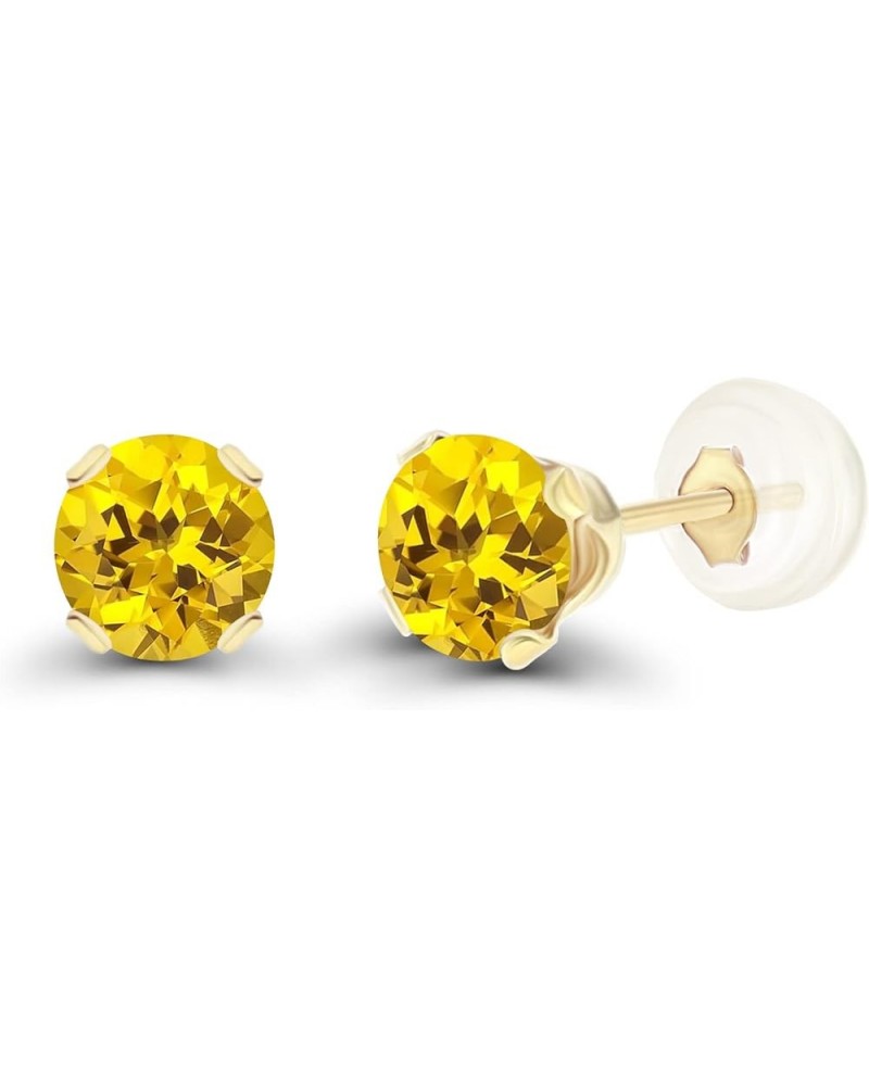 Solid 10K Yellow, White or Rose Gold 4mm Round Genuine Gemstone Birthstone Stud Earrings Created Yellow Sapphire Yellow Gold ...