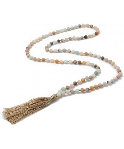 Handmade 8MM Semi-precious Stone Beaded Natural Wood Mala Beads Long Tassel Fringe Pendant Necklace for Women Men Prayer Tibe...