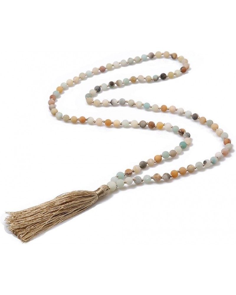 Handmade 8MM Semi-precious Stone Beaded Natural Wood Mala Beads Long Tassel Fringe Pendant Necklace for Women Men Prayer Tibe...