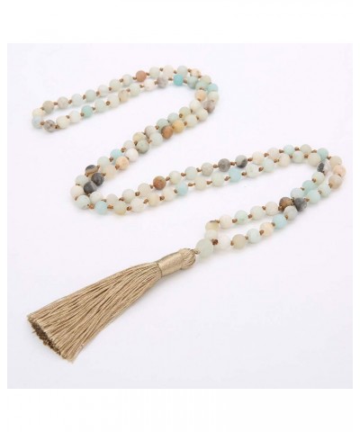 Handmade 8MM Semi-precious Stone Beaded Natural Wood Mala Beads Long Tassel Fringe Pendant Necklace for Women Men Prayer Tibe...