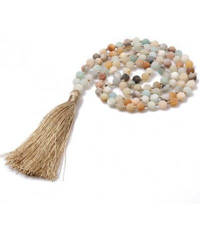 Handmade 8MM Semi-precious Stone Beaded Natural Wood Mala Beads Long Tassel Fringe Pendant Necklace for Women Men Prayer Tibe...