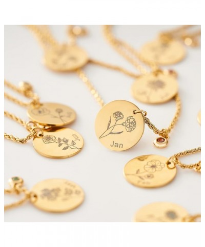 Birth Flower Necklace Gold Coin Stamp Pendant Birthstone 12 Month 18K Gold Vacuum Plated Dainty 2MM Twist Rope Chain Simple P...