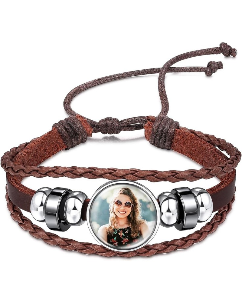 Personalized Leather Bracelet with Picture Inside for Women Wrap Style Adjustable Braided Rope Bracelet with Beads Memorial J...