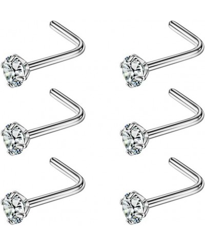 6PCS Surgical Steel/Titanium Nose Studs for Women Nostril Piercing Jewelry 22g / 20g / 18g 2.5mm CZ/L-shape/20g/Silver Surgic...