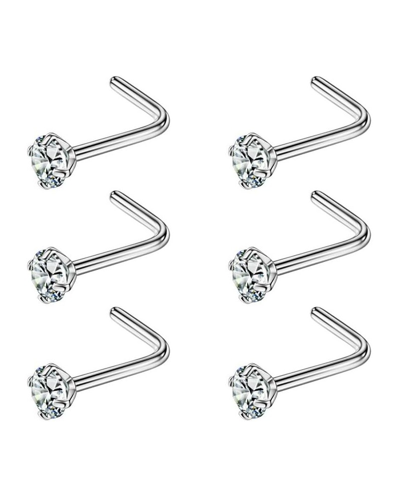 6PCS Surgical Steel/Titanium Nose Studs for Women Nostril Piercing Jewelry 22g / 20g / 18g 2.5mm CZ/L-shape/20g/Silver Surgic...