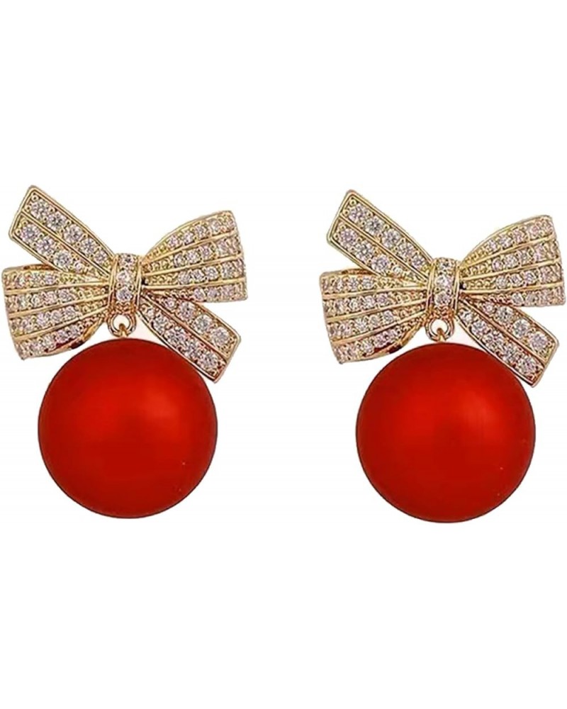 Pearl Bow Earrings for Women Rhinestone Bow Ribbon Earrings Red Ball Pearl Bow Stud Earrings Pearl Dangle Drop Earrings Chris...