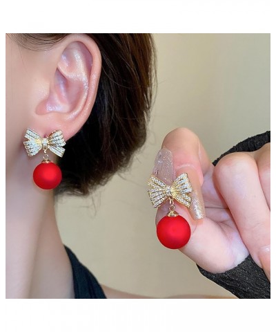 Pearl Bow Earrings for Women Rhinestone Bow Ribbon Earrings Red Ball Pearl Bow Stud Earrings Pearl Dangle Drop Earrings Chris...