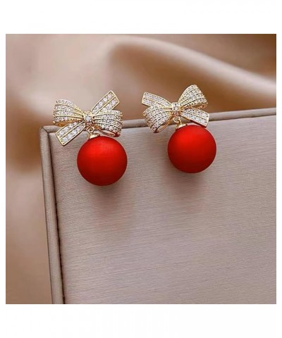 Pearl Bow Earrings for Women Rhinestone Bow Ribbon Earrings Red Ball Pearl Bow Stud Earrings Pearl Dangle Drop Earrings Chris...