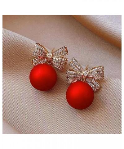 Pearl Bow Earrings for Women Rhinestone Bow Ribbon Earrings Red Ball Pearl Bow Stud Earrings Pearl Dangle Drop Earrings Chris...