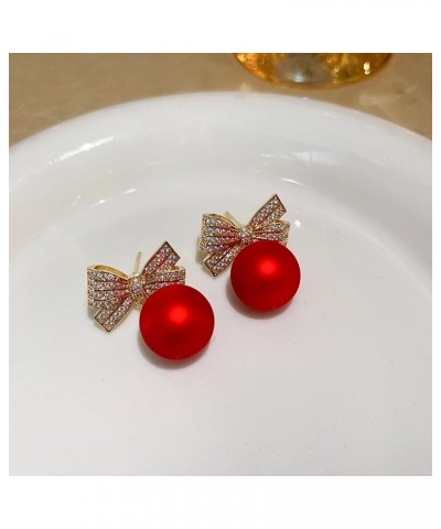 Pearl Bow Earrings for Women Rhinestone Bow Ribbon Earrings Red Ball Pearl Bow Stud Earrings Pearl Dangle Drop Earrings Chris...