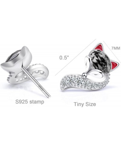 S925 Sterling Silver Fox Animal Stud Earrings Crystals for Women Teen Girl High Polish Plain Adjustable Fox Tail Ring Anniver...