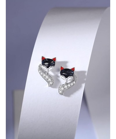 S925 Sterling Silver Fox Animal Stud Earrings Crystals for Women Teen Girl High Polish Plain Adjustable Fox Tail Ring Anniver...