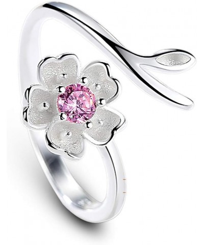 18K White Gold Plating Flower Ring Cherry Blossom Adjustable Ring Hypoallergenic For Women With Box Packing Pink $9.68 Rings