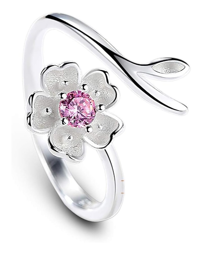 18K White Gold Plating Flower Ring Cherry Blossom Adjustable Ring Hypoallergenic For Women With Box Packing Pink $9.68 Rings