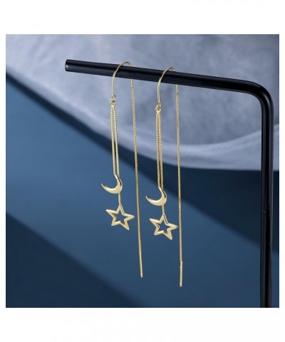 Solid 925 Sterling Silver Moon Star Threader Earrings Tassel Chain Dangle for Women Girls Long Dangle Earrings Drops B-18K Go...