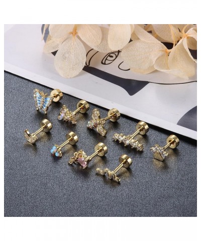 9PCS 16G Cartilage Earrings Stud for Women 316L Stainless Steel Flat Back Earrings CZ Butterfly Flower Cartilage Tragus Earri...