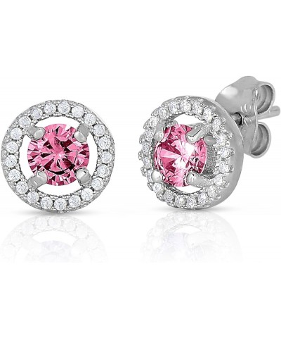 Halo Round Stud Earrings in .925 Sterling Silver with Simulated Birthstone and CZ October $12.25 Earrings