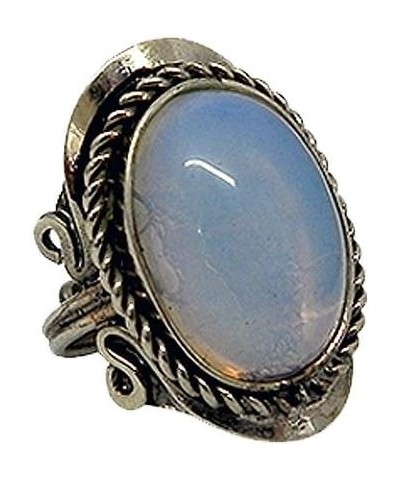 Oval Semi Precious Healing Gemstone Crystal Cabochon Silver Metal Border Adjustable Ring - Womens Natural Fashion Handmade Je...