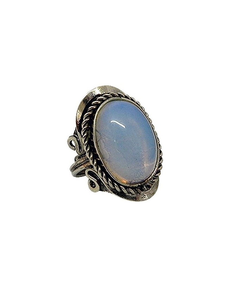 Oval Semi Precious Healing Gemstone Crystal Cabochon Silver Metal Border Adjustable Ring - Womens Natural Fashion Handmade Je...