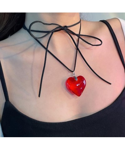 Chunky Puffy Heart Necklace - Queen of Hearts Accessories - Big Glass Heart Goth Choker Pendant Necklace for Girls Teens Wome...