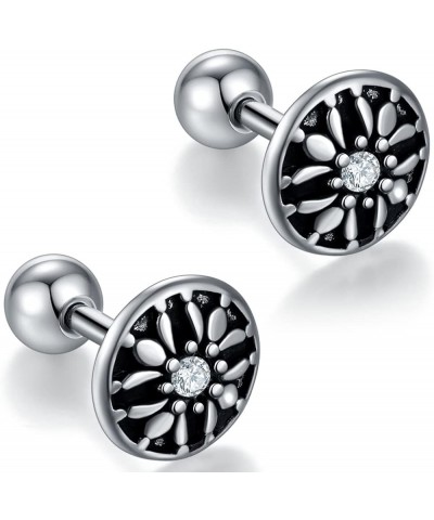 Retro Vintage Stainless Steel Round Shaped Screw Back Flower Style Stud Earrings Silver $5.93 Earrings