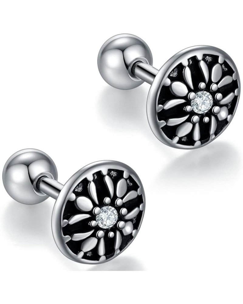 Retro Vintage Stainless Steel Round Shaped Screw Back Flower Style Stud Earrings Silver $5.93 Earrings