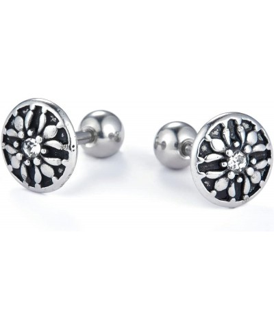 Retro Vintage Stainless Steel Round Shaped Screw Back Flower Style Stud Earrings Silver $5.93 Earrings