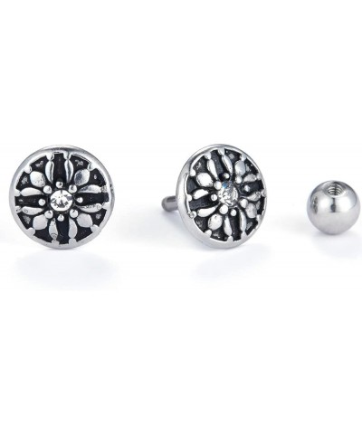 Retro Vintage Stainless Steel Round Shaped Screw Back Flower Style Stud Earrings Silver $5.93 Earrings