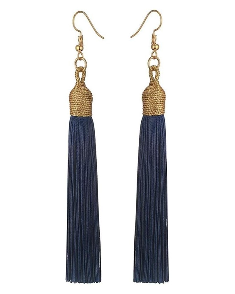 Boho Thread Long Tassel Dangle Drop Colorful Fringe Earrings Silk Fabric Ethnic Vintage Charms Eardrop Navy Blue $11.15 Earrings