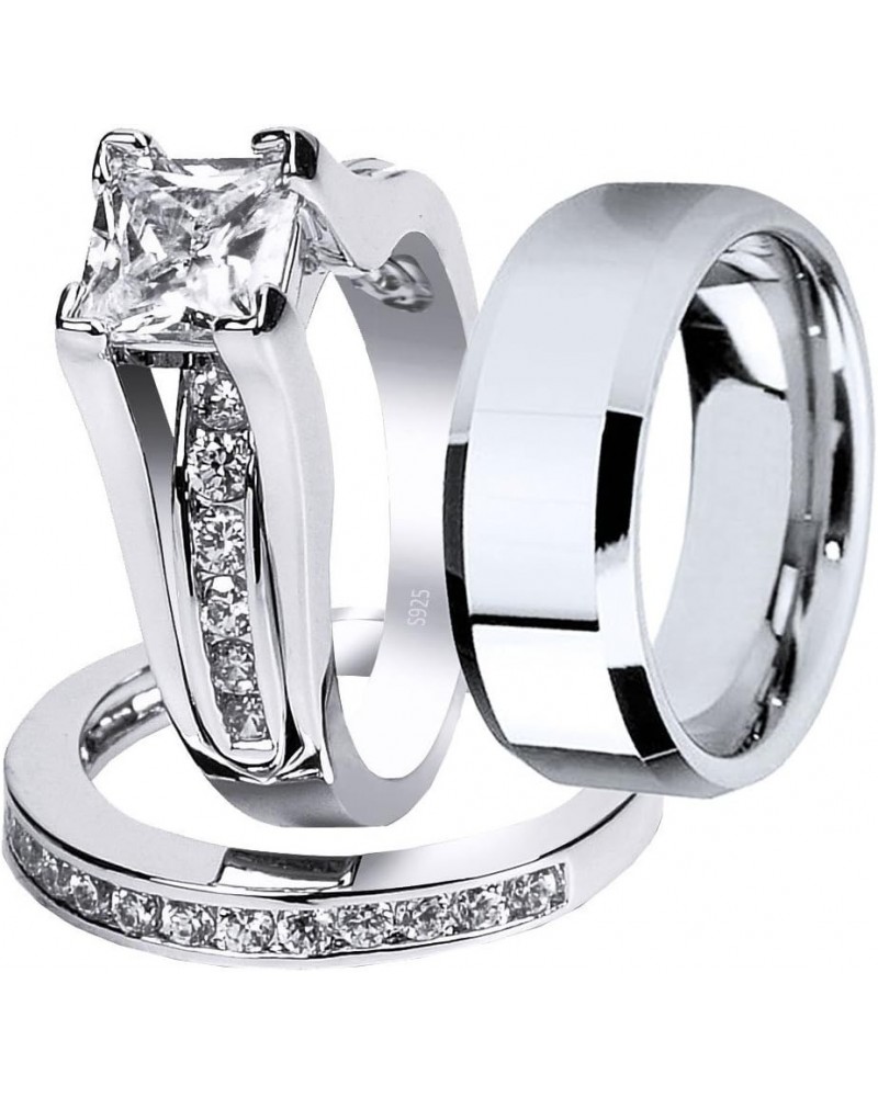 Wedding Ring Sets Couples Rings Women's Sterling Silver Princess CZ Men's Stainless Steel Bands Women's size 06 & Men's size ...