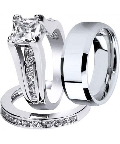 Wedding Ring Sets Couples Rings Women's Sterling Silver Princess CZ Men's Stainless Steel Bands Women's size 06 & Men's size ...