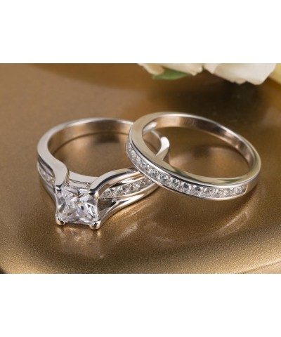 Wedding Ring Sets Couples Rings Women's Sterling Silver Princess CZ Men's Stainless Steel Bands Women's size 06 & Men's size ...