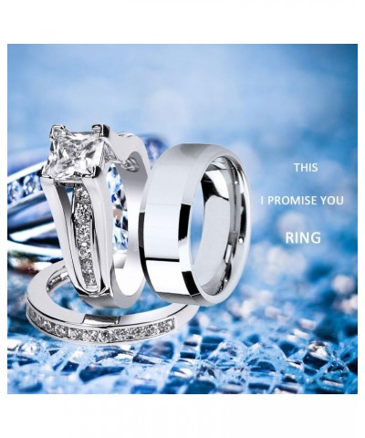 Wedding Ring Sets Couples Rings Women's Sterling Silver Princess CZ Men's Stainless Steel Bands Women's size 06 & Men's size ...