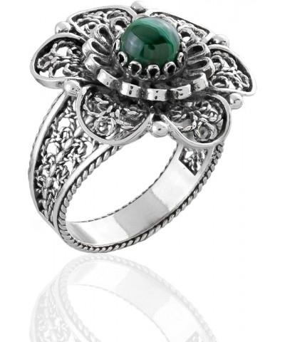 925 Sterling Silver Filigree Art Sunflower Design Gemstone Woman Cocktail Ring, Gift Boxed Malachite $25.97 Rings