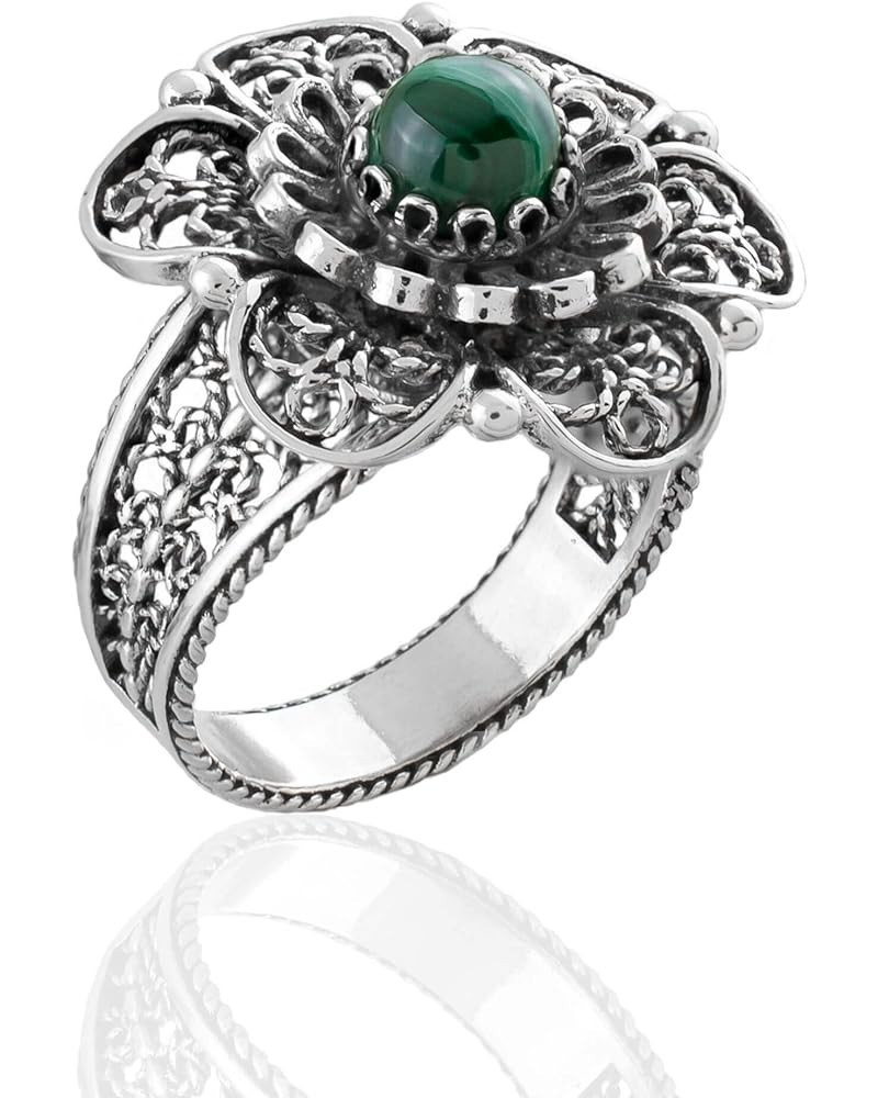 925 Sterling Silver Filigree Art Sunflower Design Gemstone Woman Cocktail Ring, Gift Boxed Malachite $25.97 Rings