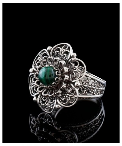 925 Sterling Silver Filigree Art Sunflower Design Gemstone Woman Cocktail Ring, Gift Boxed Malachite $25.97 Rings