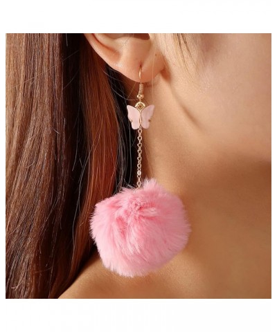 Fluffy Pom Earrings Colorful Butterfly Pom Pom Dangle Earrings for Women Long Chain Fluffy Fur Ball Tassel Drop Earrings Fash...