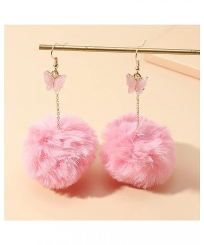 Fluffy Pom Earrings Colorful Butterfly Pom Pom Dangle Earrings for Women Long Chain Fluffy Fur Ball Tassel Drop Earrings Fash...