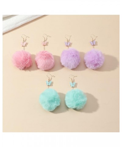 Fluffy Pom Earrings Colorful Butterfly Pom Pom Dangle Earrings for Women Long Chain Fluffy Fur Ball Tassel Drop Earrings Fash...