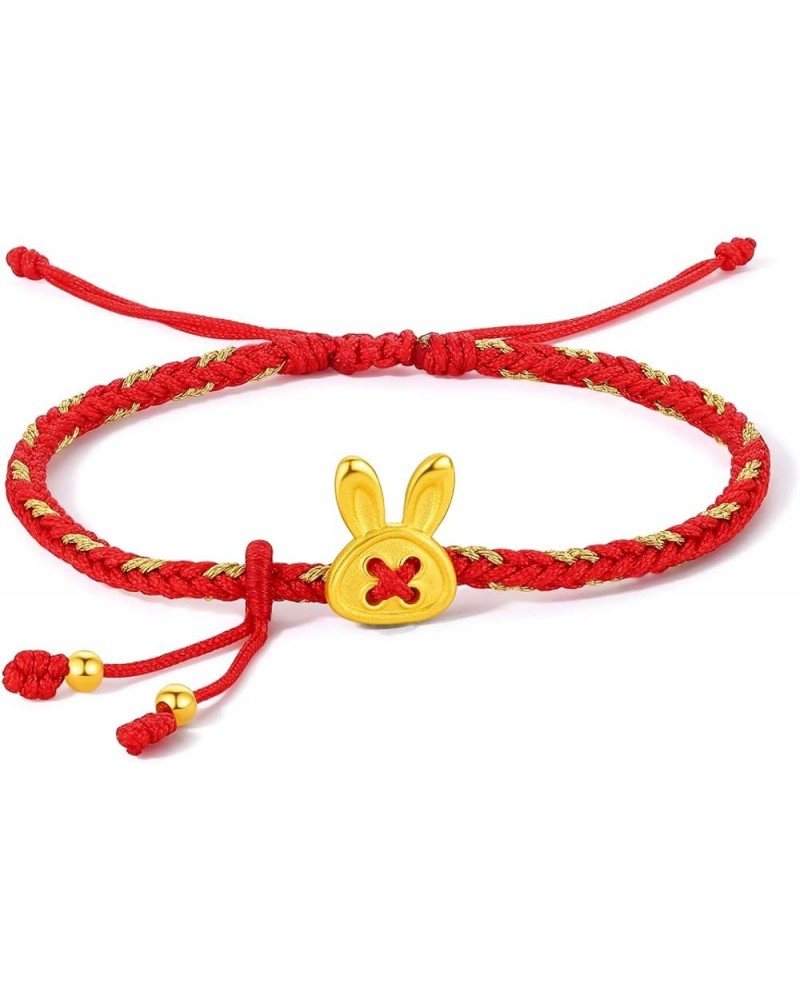 Real Gold Charm Bracelets for Women, Adjustable Lucky Rabbit 24K Solid Gold Jewelry Braided Red Bracelet, Fortune Rabbit Char...