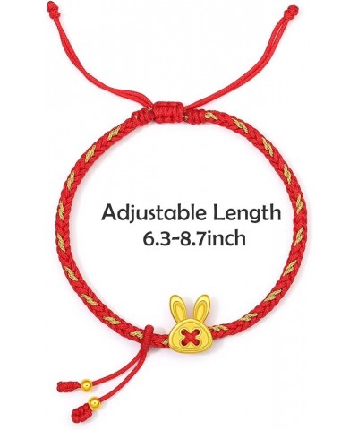 Real Gold Charm Bracelets for Women, Adjustable Lucky Rabbit 24K Solid Gold Jewelry Braided Red Bracelet, Fortune Rabbit Char...