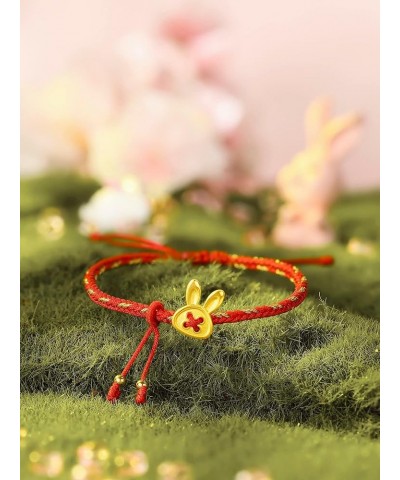 Real Gold Charm Bracelets for Women, Adjustable Lucky Rabbit 24K Solid Gold Jewelry Braided Red Bracelet, Fortune Rabbit Char...