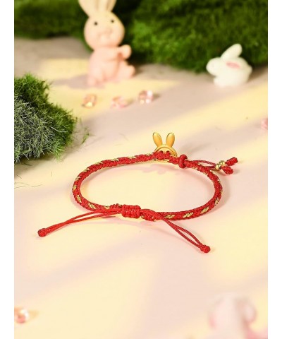 Real Gold Charm Bracelets for Women, Adjustable Lucky Rabbit 24K Solid Gold Jewelry Braided Red Bracelet, Fortune Rabbit Char...