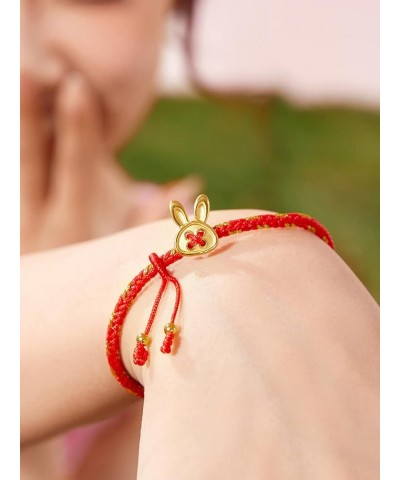 Real Gold Charm Bracelets for Women, Adjustable Lucky Rabbit 24K Solid Gold Jewelry Braided Red Bracelet, Fortune Rabbit Char...